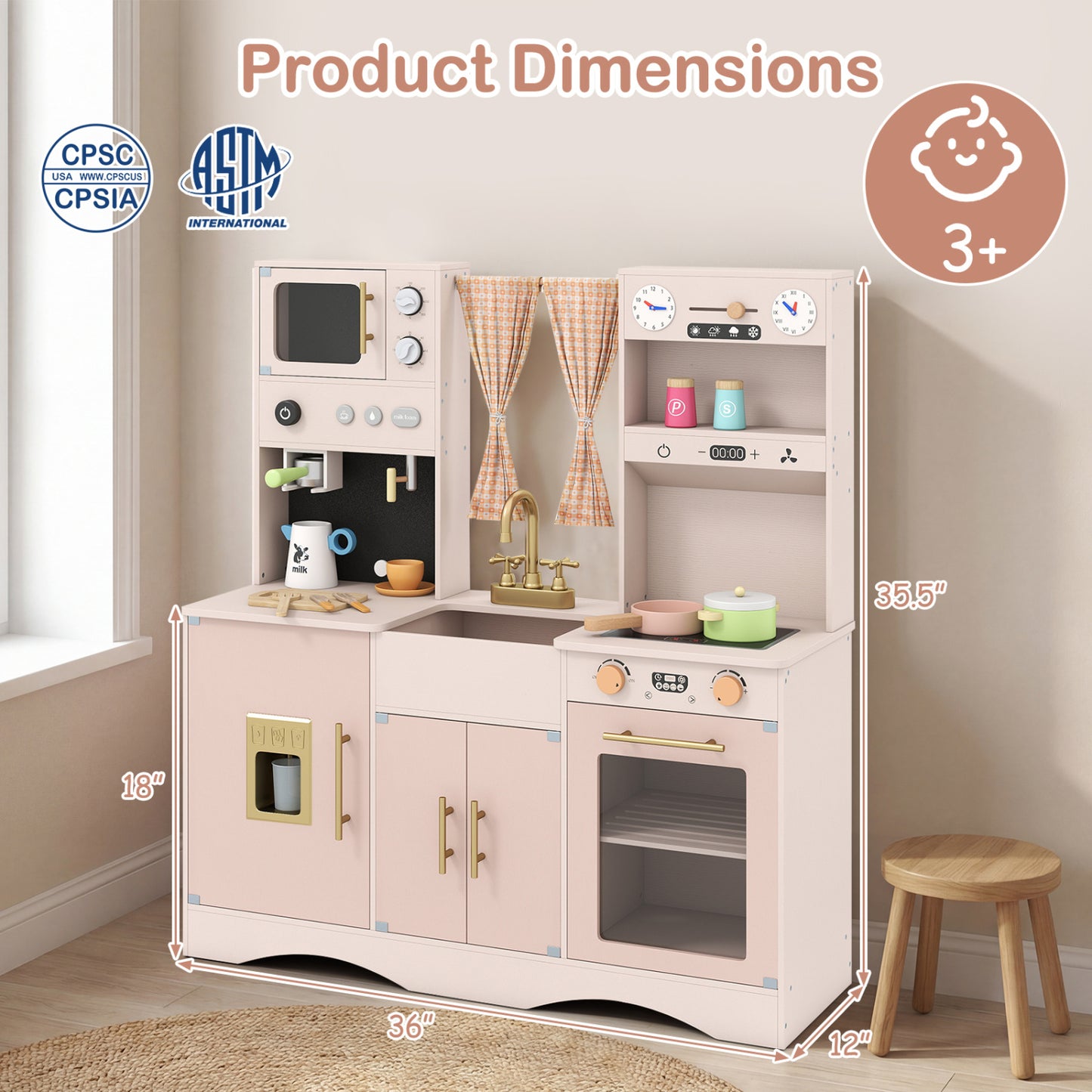 Kids Wooden Play Kitchen, Microwave, Coffee Maker, Pink