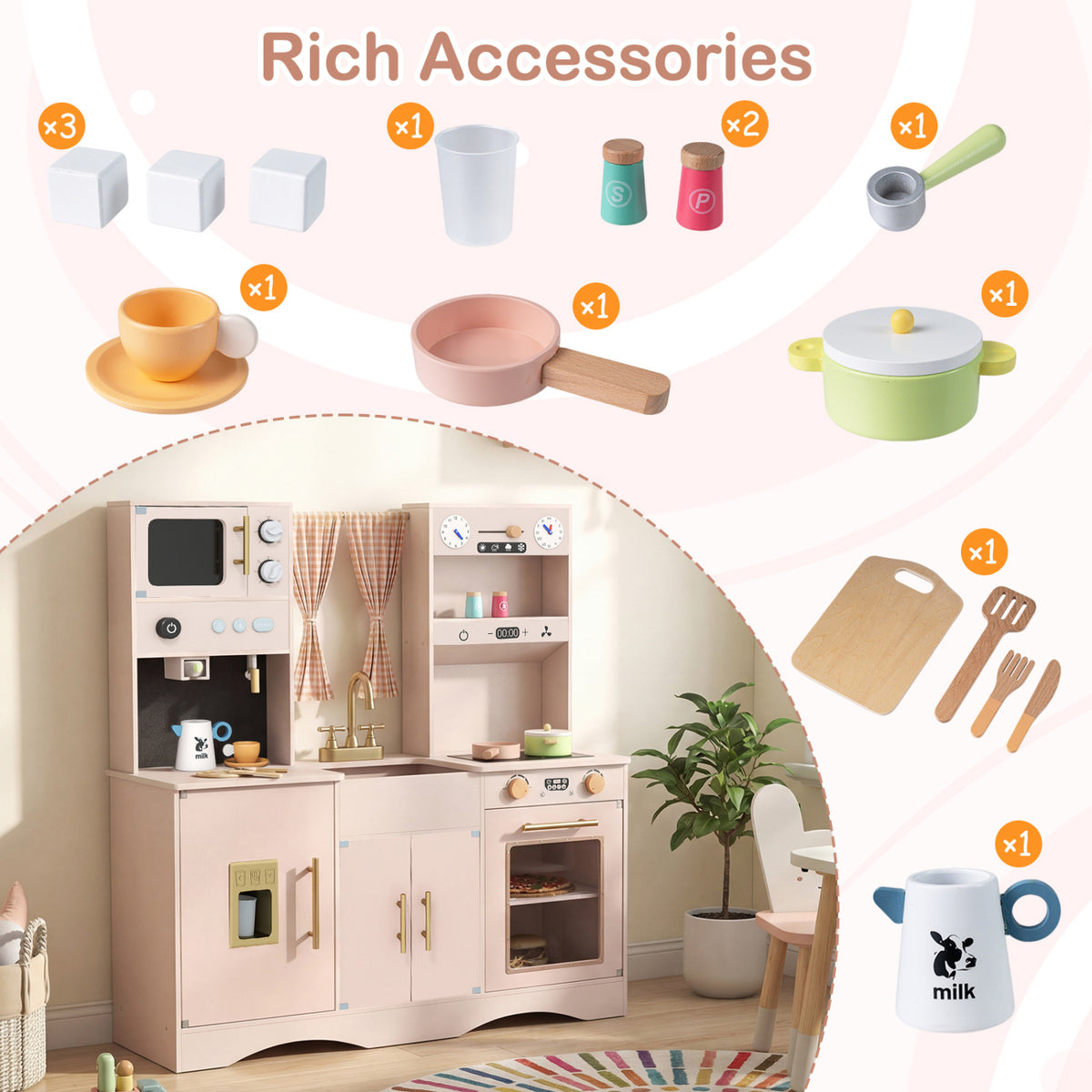 Kids Wooden Play Kitchen, Microwave, Coffee Maker, Pink