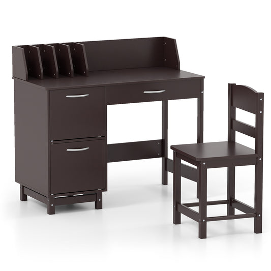 Kids Study Desk And Chair Set, With Drawer And Storage Cabinets, Dark Brown Kids Table & Chair Sets Dark Brown at Gallery Canada