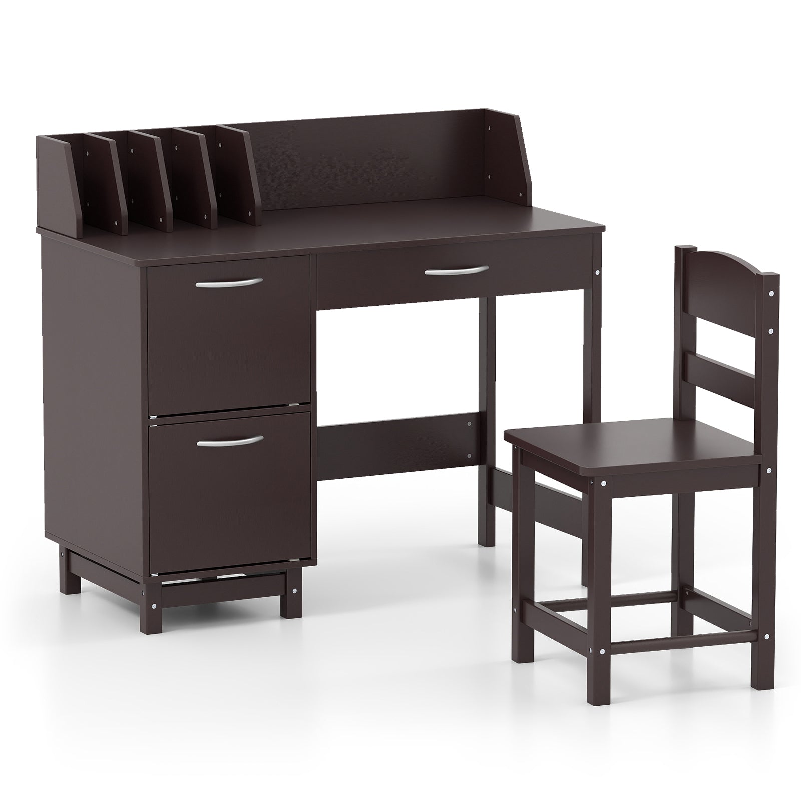 Wooden Kids Study Desk and Chair Set with Drawer and 2 Storage Cabinets, Dark Brown Kids Table & Chair Sets Deep Brown at Gallery Canada