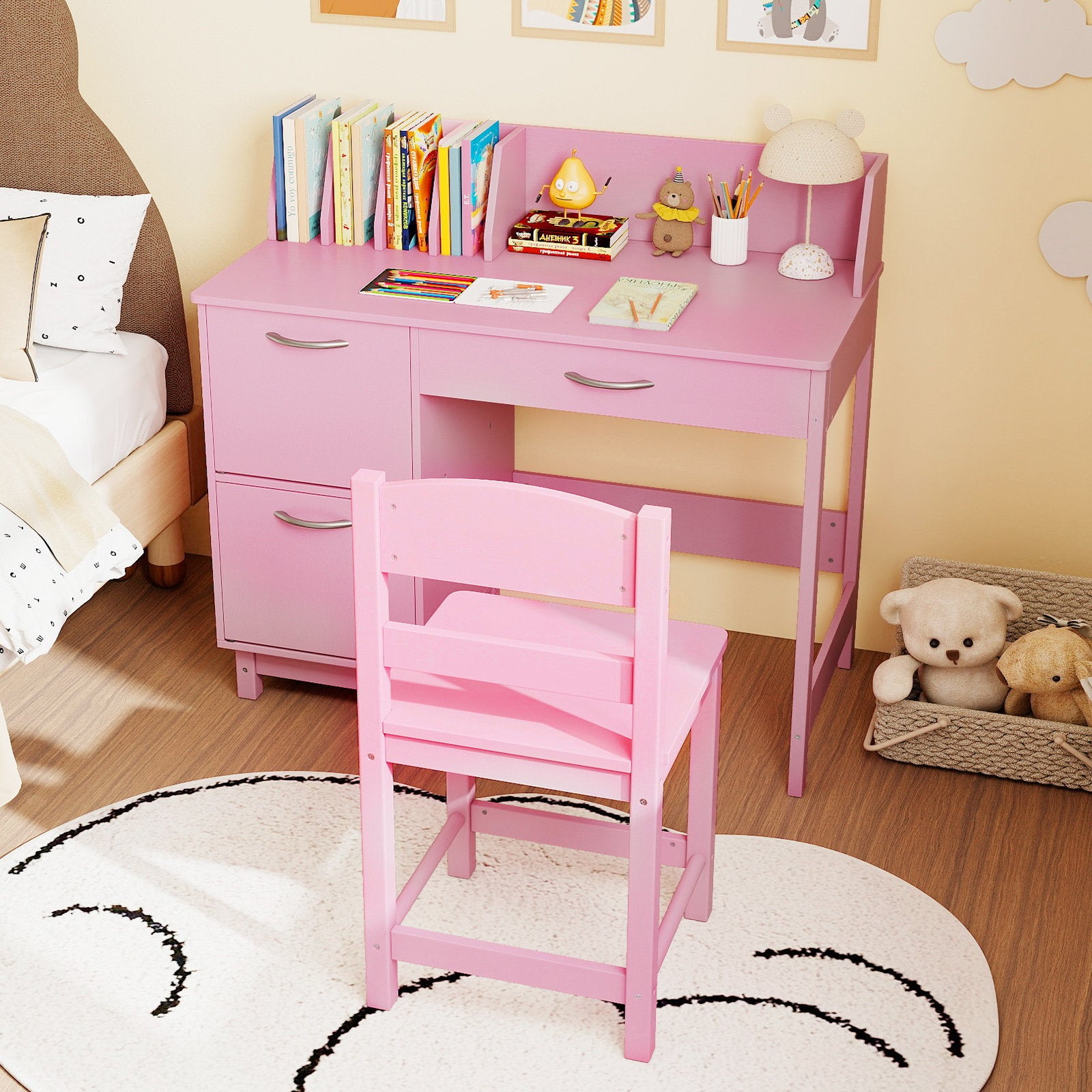 Wooden Kids Study Desk and Chair Set Student Workstation, Pink Kids Table & Chair Sets at Gallery Canada