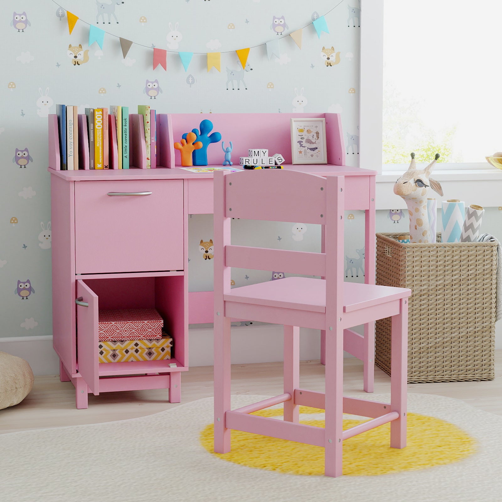 Wooden Kids Study Desk and Chair Set Student Workstation, Pink Kids Table & Chair Sets at Gallery Canada