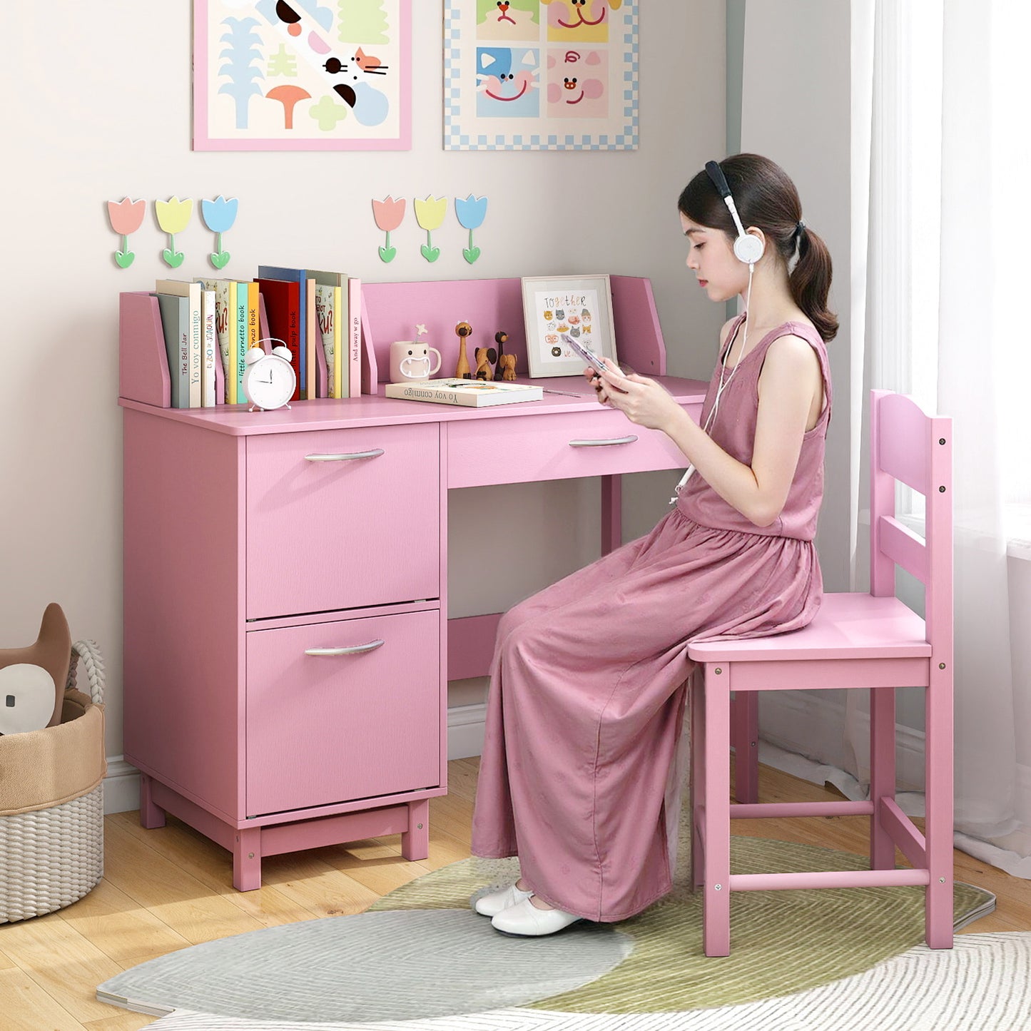 Wooden Kids Study Desk and Chair Set Student Workstation, Pink Kids Table & Chair Sets at Gallery Canada