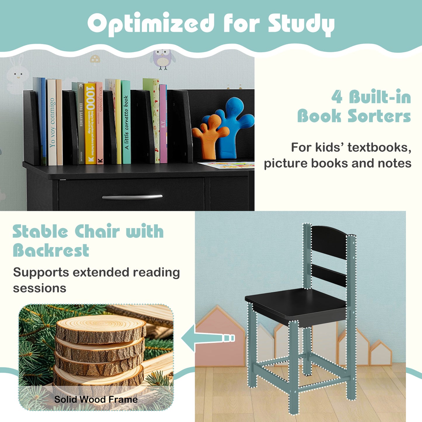 Wooden Kids Study Desk and Chair Set Student Workstation, Black Kids Table & Chair Sets at Gallery Canada