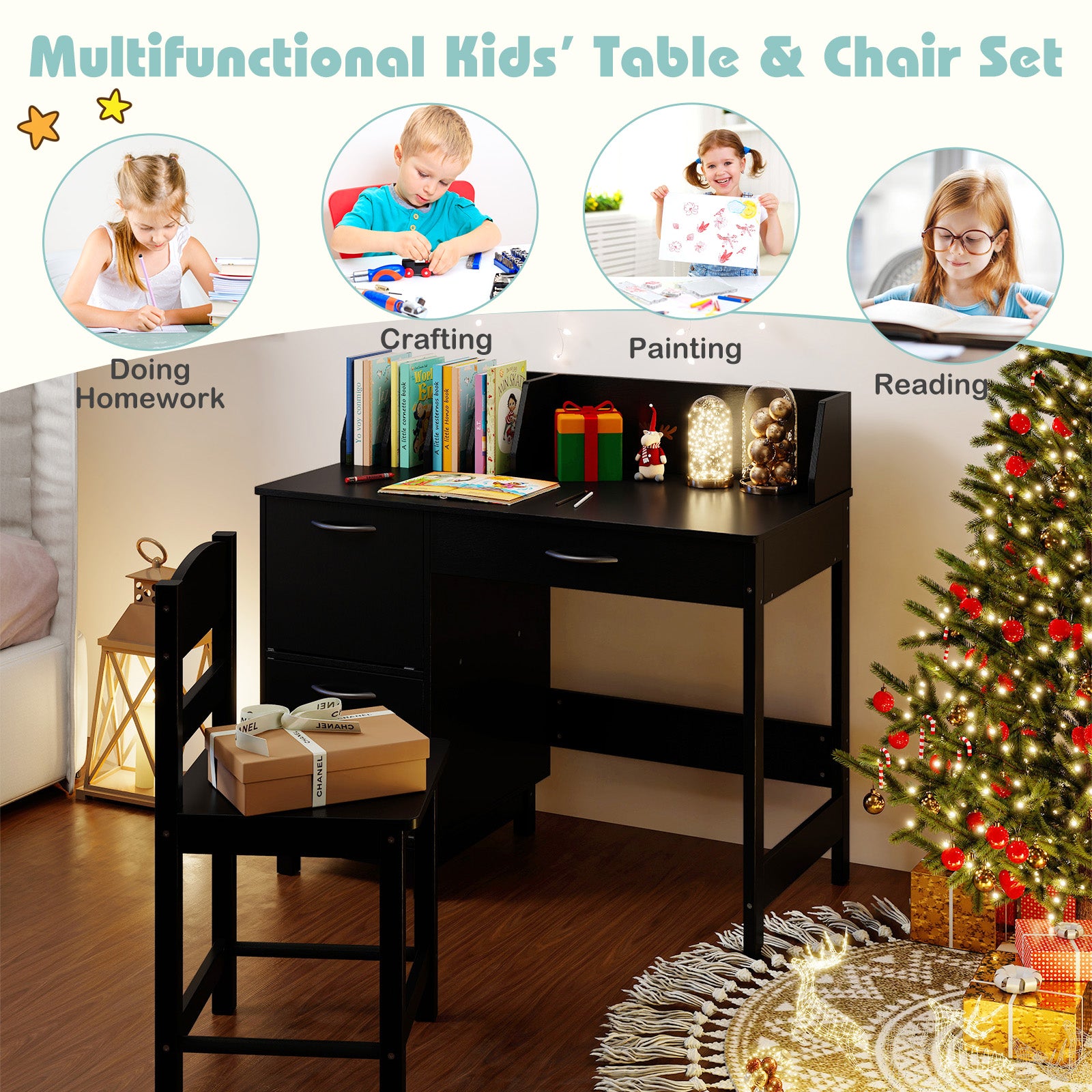 Wooden Kids Study Desk and Chair Set Student Workstation, Black Kids Table & Chair Sets at Gallery Canada