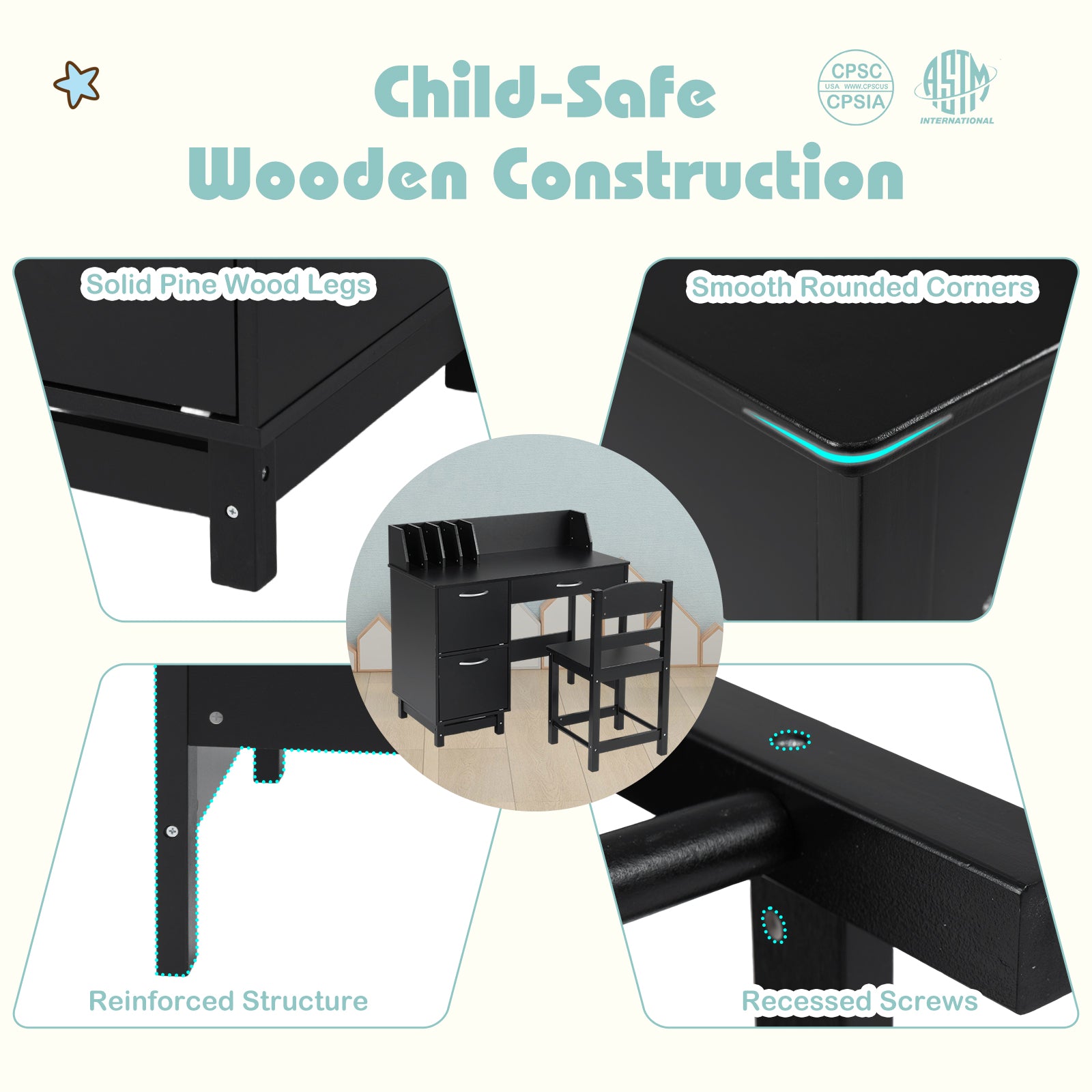 Wooden Kids Study Desk and Chair Set Student Workstation, Black Kids Table & Chair Sets at Gallery Canada