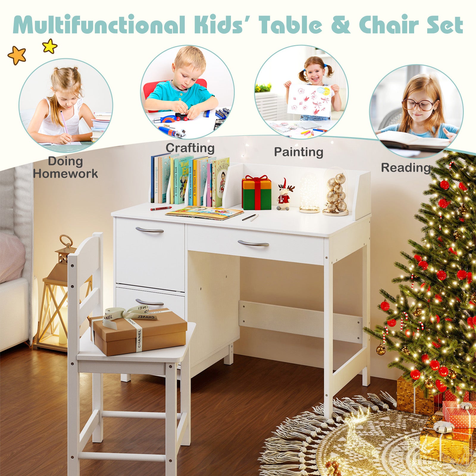 Wooden Kids Study Desk and Chair Set Student Workstation, White Kids Table & Chair Sets at Gallery Canada