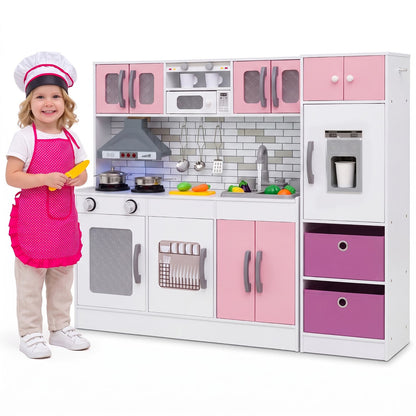 Wooden Kitchen Playset with Lights, Sounds, Ages 3+, Pink