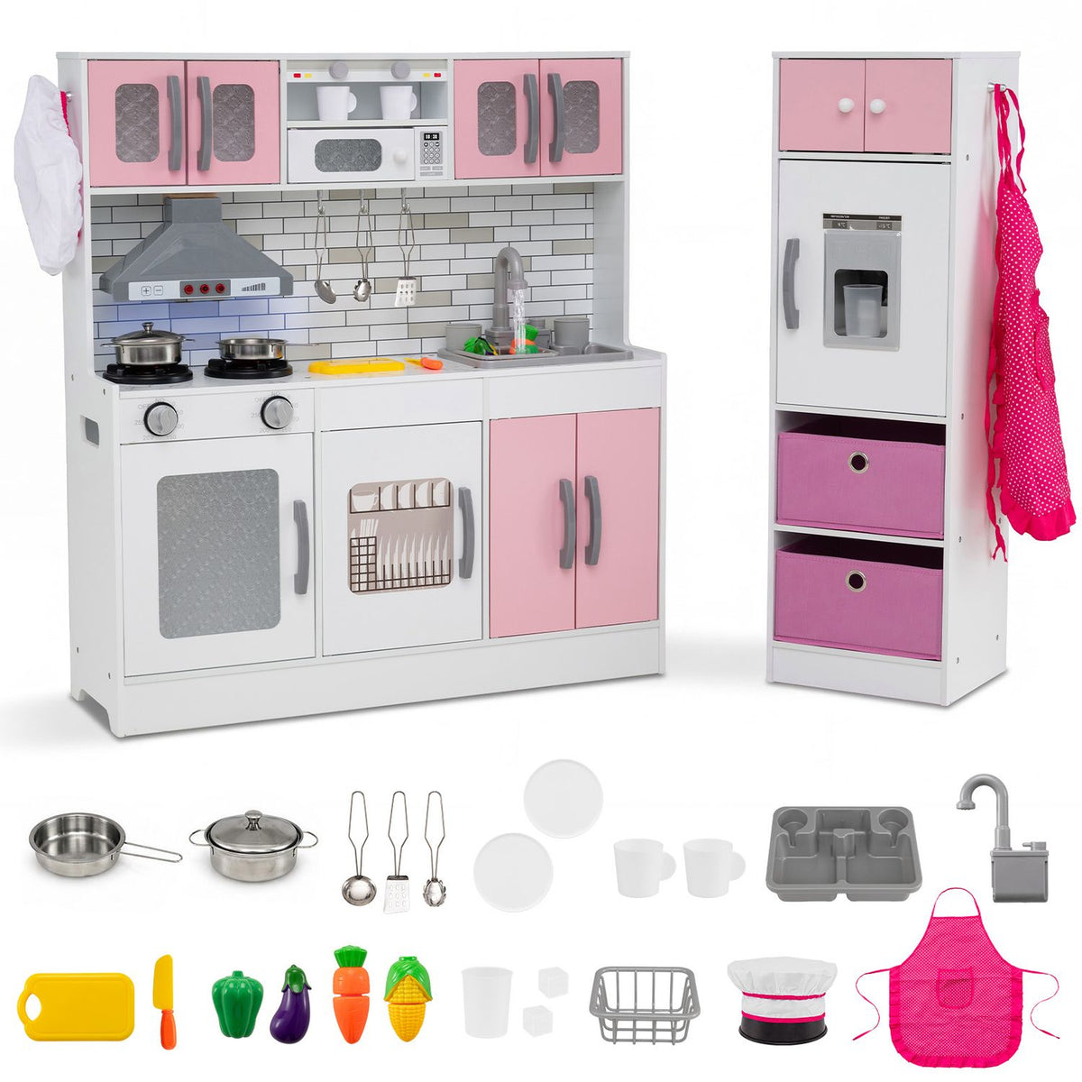Wooden Kitchen Playset with Lights, Sounds, Ages 3+, Pink