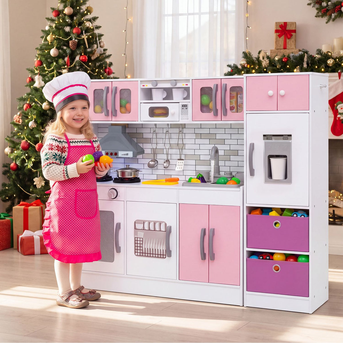 Wooden Kitchen Playset with Lights, Sounds, Ages 3+, Pink