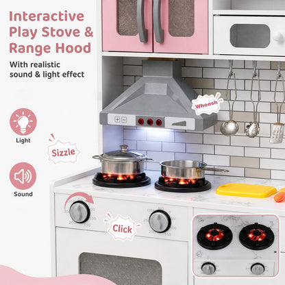 Wooden Kitchen Playset with Lights, Sounds, Ages 3+, Pink