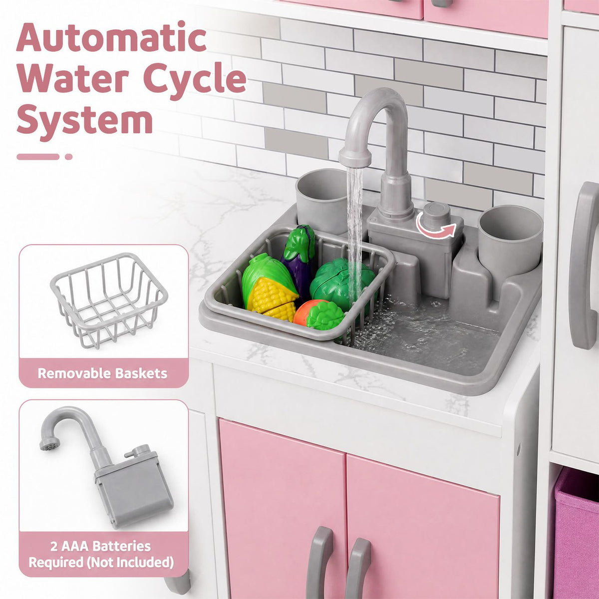 Wooden Kitchen Playset with Lights, Sounds, Ages 3+, Pink