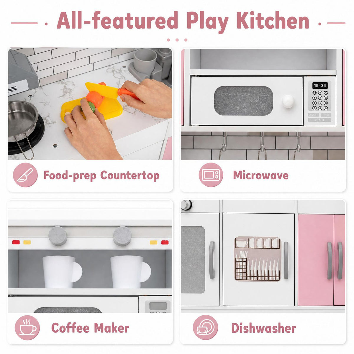 Wooden Kitchen Playset with Lights, Sounds, Ages 3+, Pink