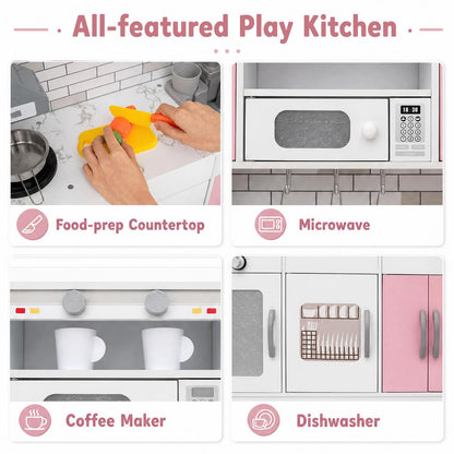 Wooden Kitchen Playset with Lights, Sounds, Ages 3+, Pink