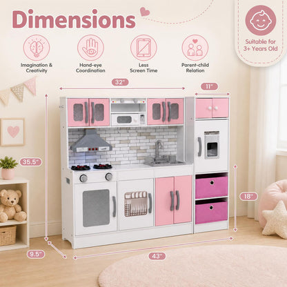Wooden Kitchen Playset with Lights, Sounds, Ages 3+, Pink
