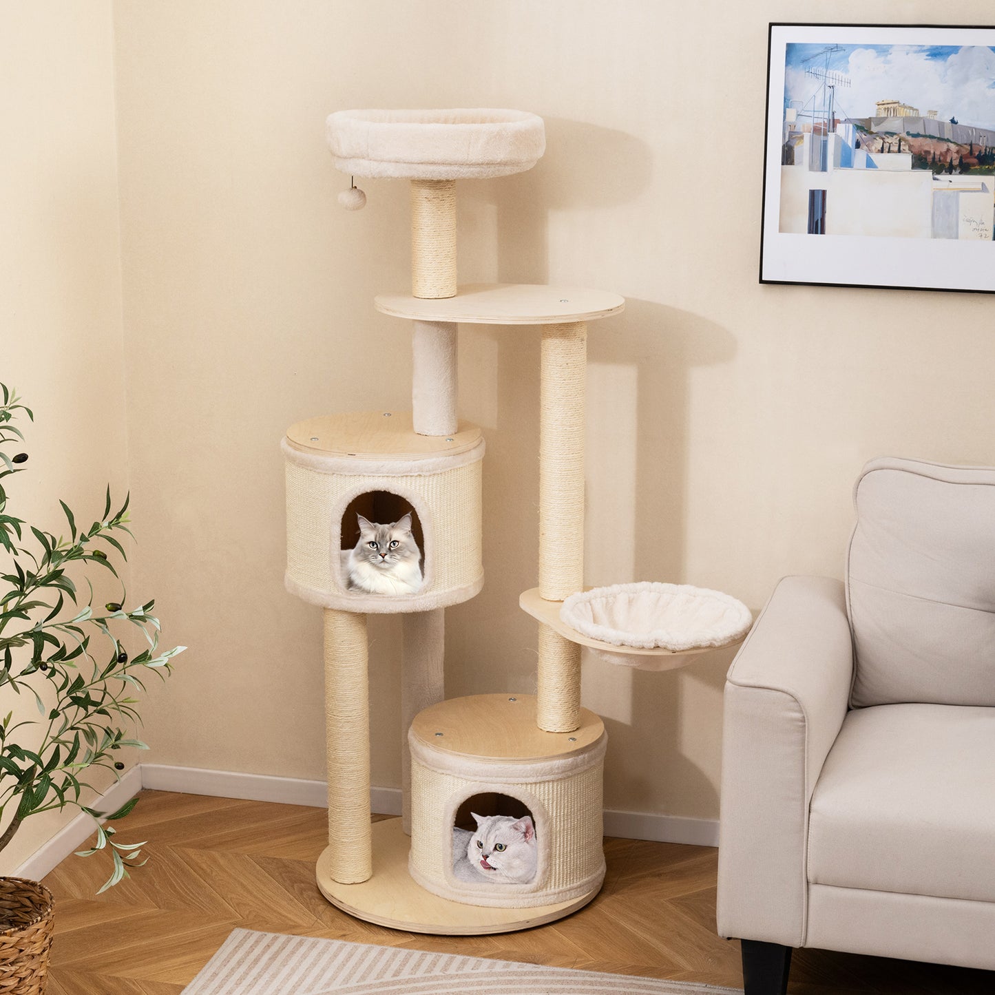 Wooden Kitten Tower with Sisal Scratching Posts and 2 Condos-NA, Natural