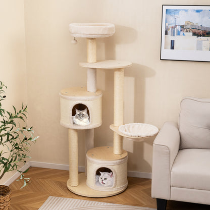 Wooden Kitten Tower with Sisal Scratching Posts and 2 Condos-NA, Natural