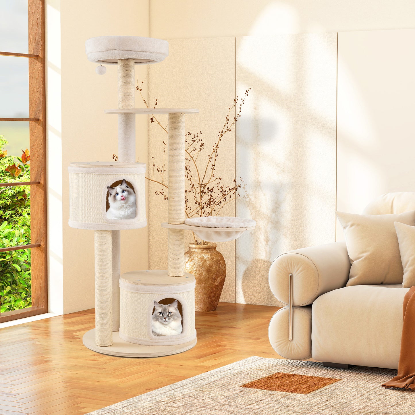 Wooden Kitten Tower with Sisal Scratching Posts and 2 Condos-NA, Natural