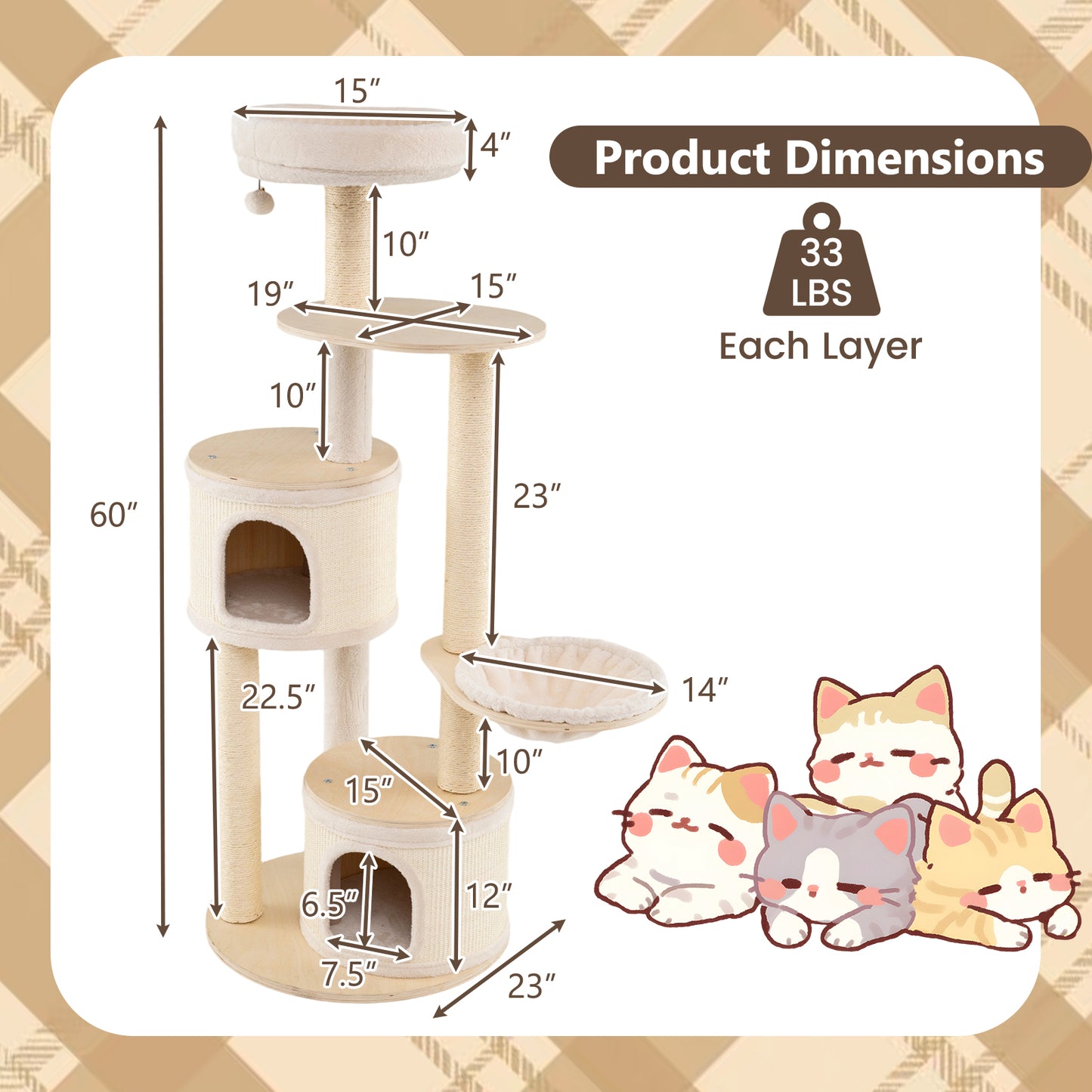 Wooden Kitten Tower with Sisal Scratching Posts and 2 Condos-NA, Natural