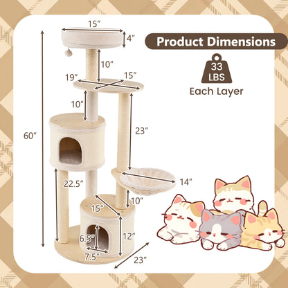 Wooden Kitten Tower with Sisal Scratching Posts and 2 Condos-NA, Natural