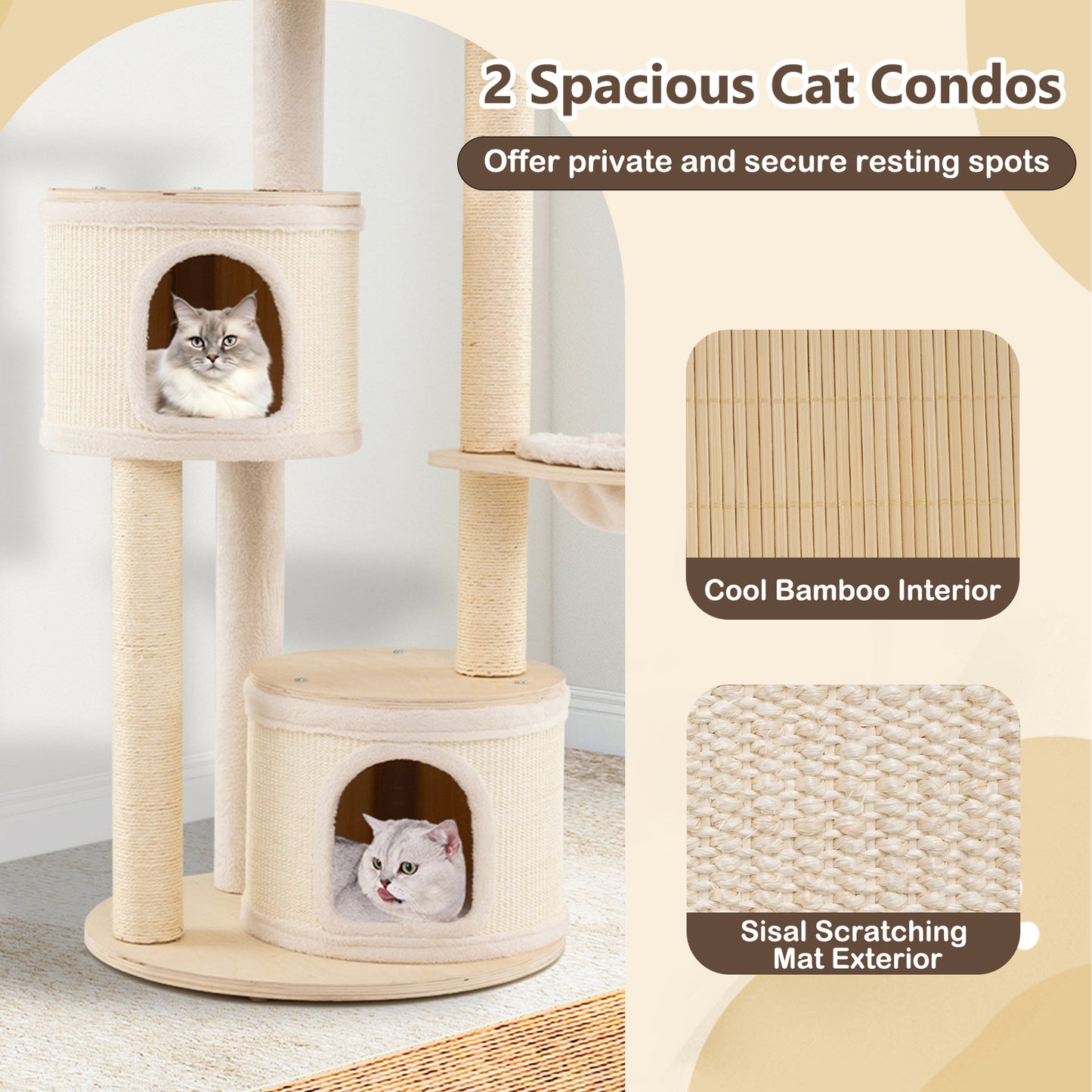 Wooden Kitten Tower with Sisal Scratching Posts and 2 Condos-NA, Natural