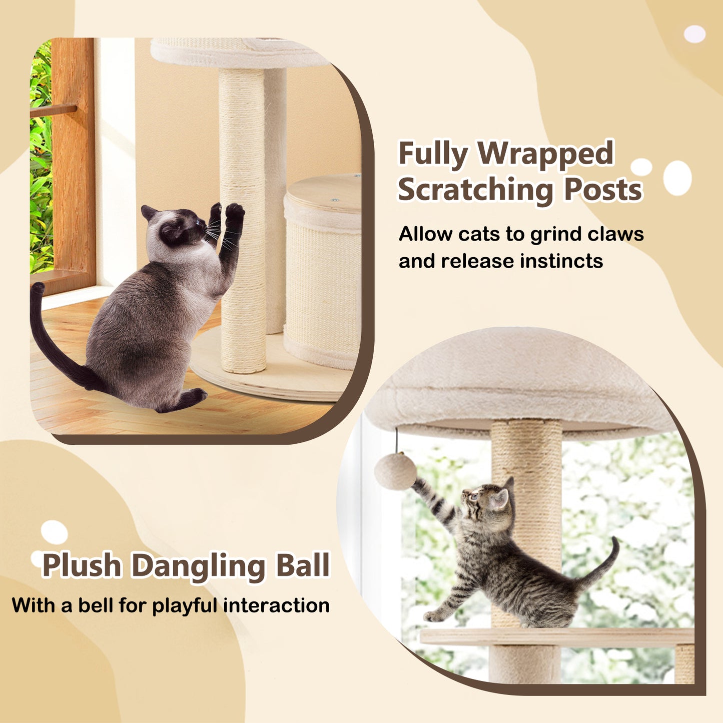 Wooden Kitten Tower with Sisal Scratching Posts and 2 Condos-NA, Natural