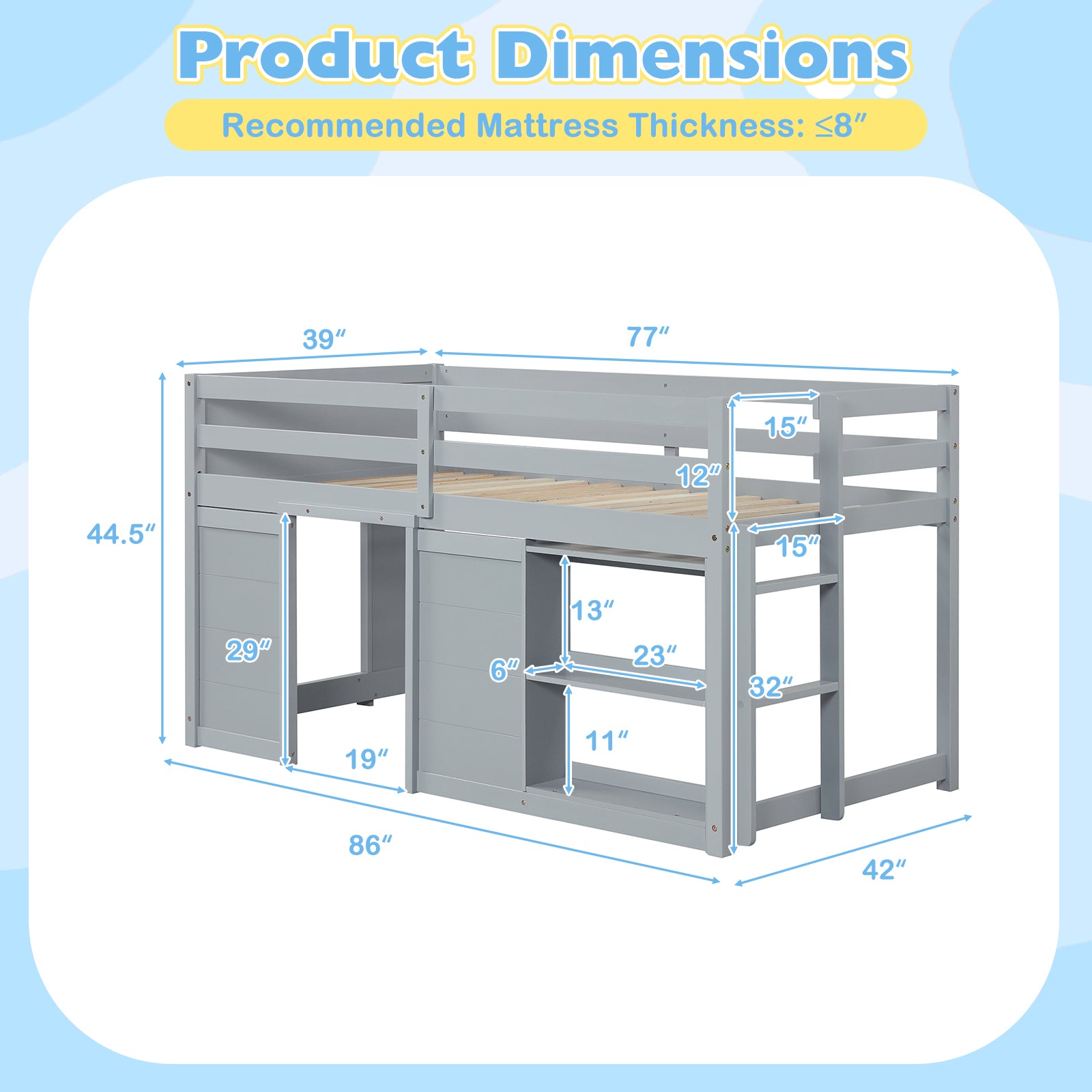 Wooden Low Kids Loft Bed with LED Lights and 2 Doors, Gray Bunk Bed Frame at Gallery Canada