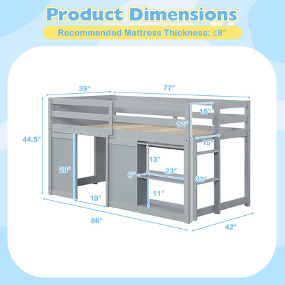 Wooden Low Kids Loft Bed with LED Lights and 2 Doors, Gray Bunk Bed Frame at Gallery Canada