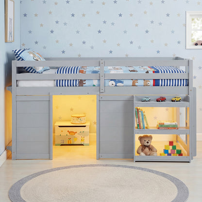Wooden Low Kids Loft Bed with LED Lights and 2 Doors, Gray Bunk Bed Frame at Gallery Canada