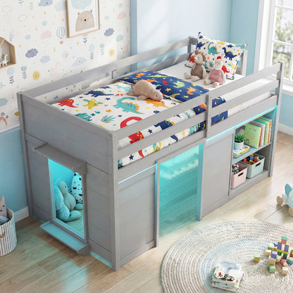 Wooden Low Kids Loft Bed with LED Lights and 2 Doors, Gray Bunk Bed Frame at Gallery Canada