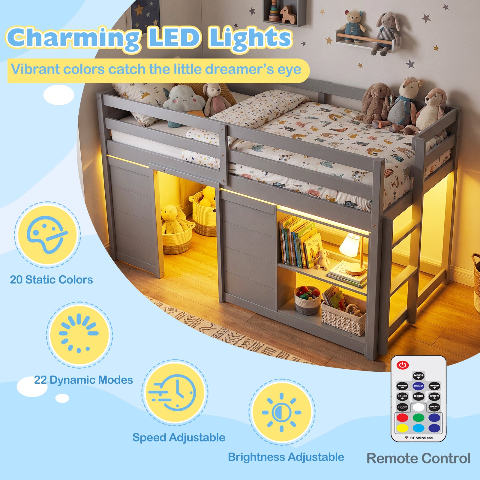 Wooden Low Kids Loft Bed with LED Lights and 2 Doors, Gray Bunk Bed Frame at Gallery Canada