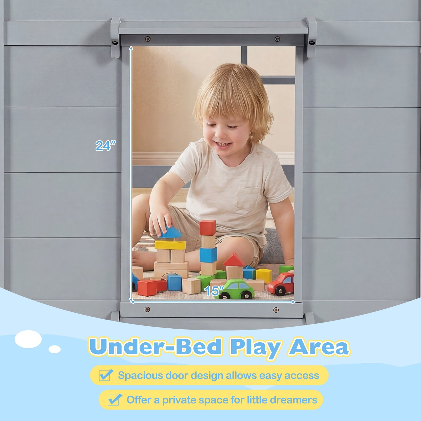 Wooden Low Kids Loft Bed with LED Lights and 2 Doors, Gray Bunk Bed Frame at Gallery Canada
