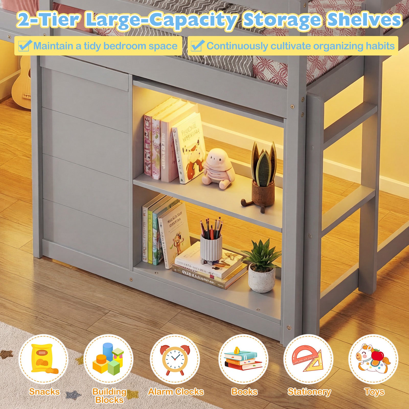 Wooden Low Kids Loft Bed with LED Lights and 2 Doors, Gray Bunk Bed Frame at Gallery Canada