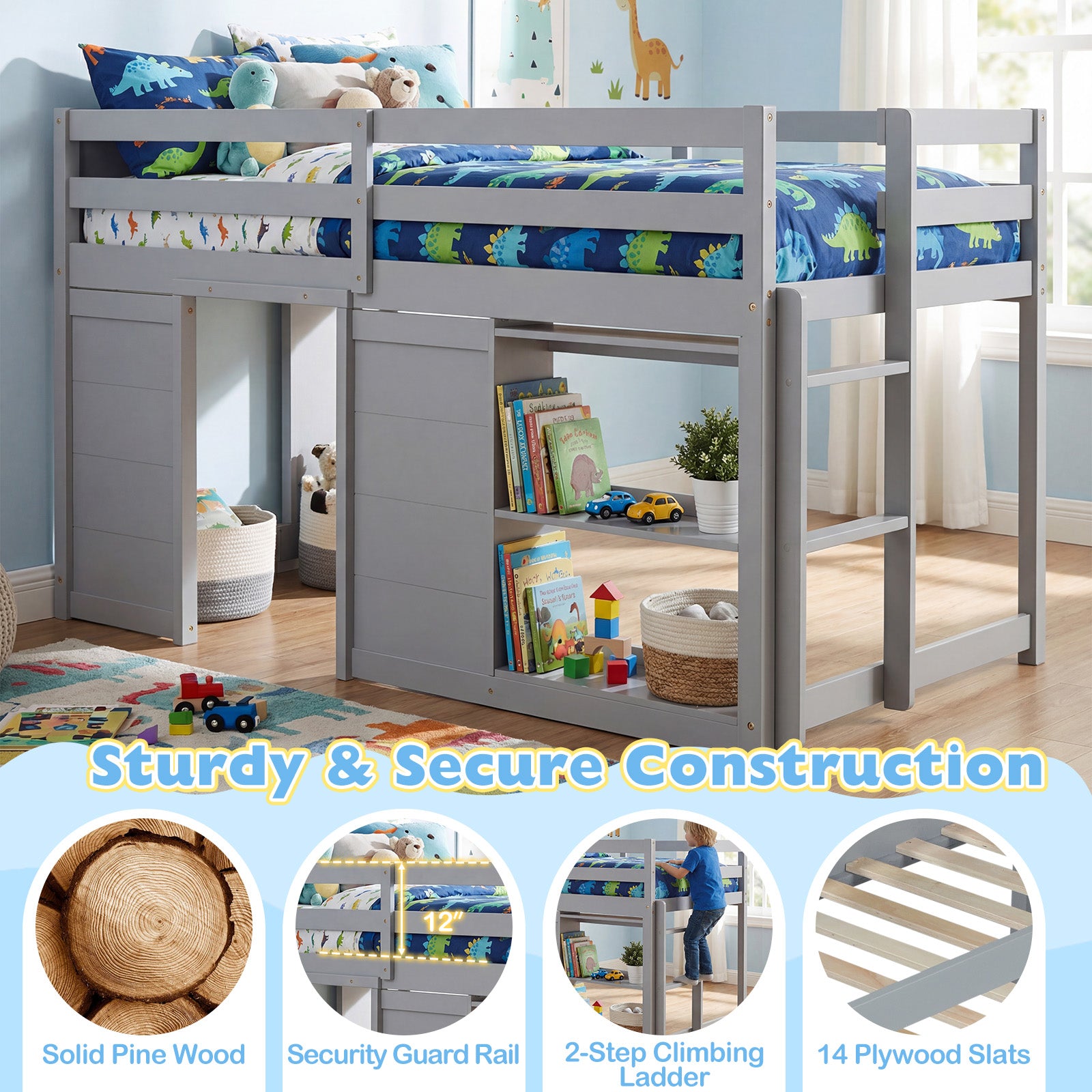 Wooden Low Kids Loft Bed with LED Lights and 2 Doors, Gray Bunk Bed Frame at Gallery Canada