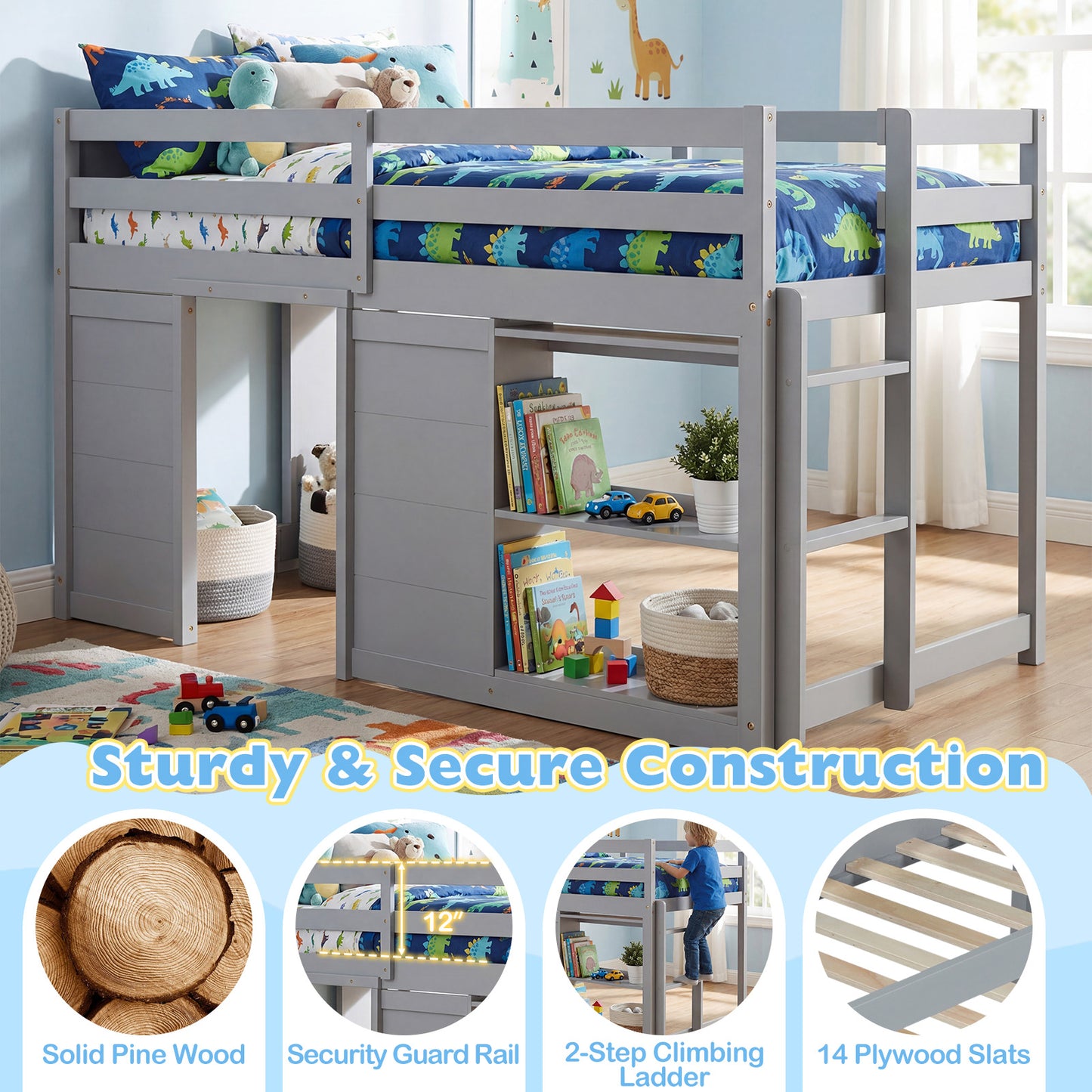 Wooden Low Kids Loft Bed with LED Lights and 2 Doors, Gray Bunk Bed Frame at Gallery Canada