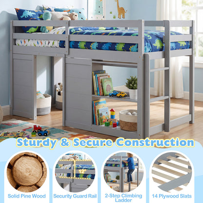 Wooden Low Kids Loft Bed with LED Lights and 2 Doors, Gray Bunk Bed Frame at Gallery Canada