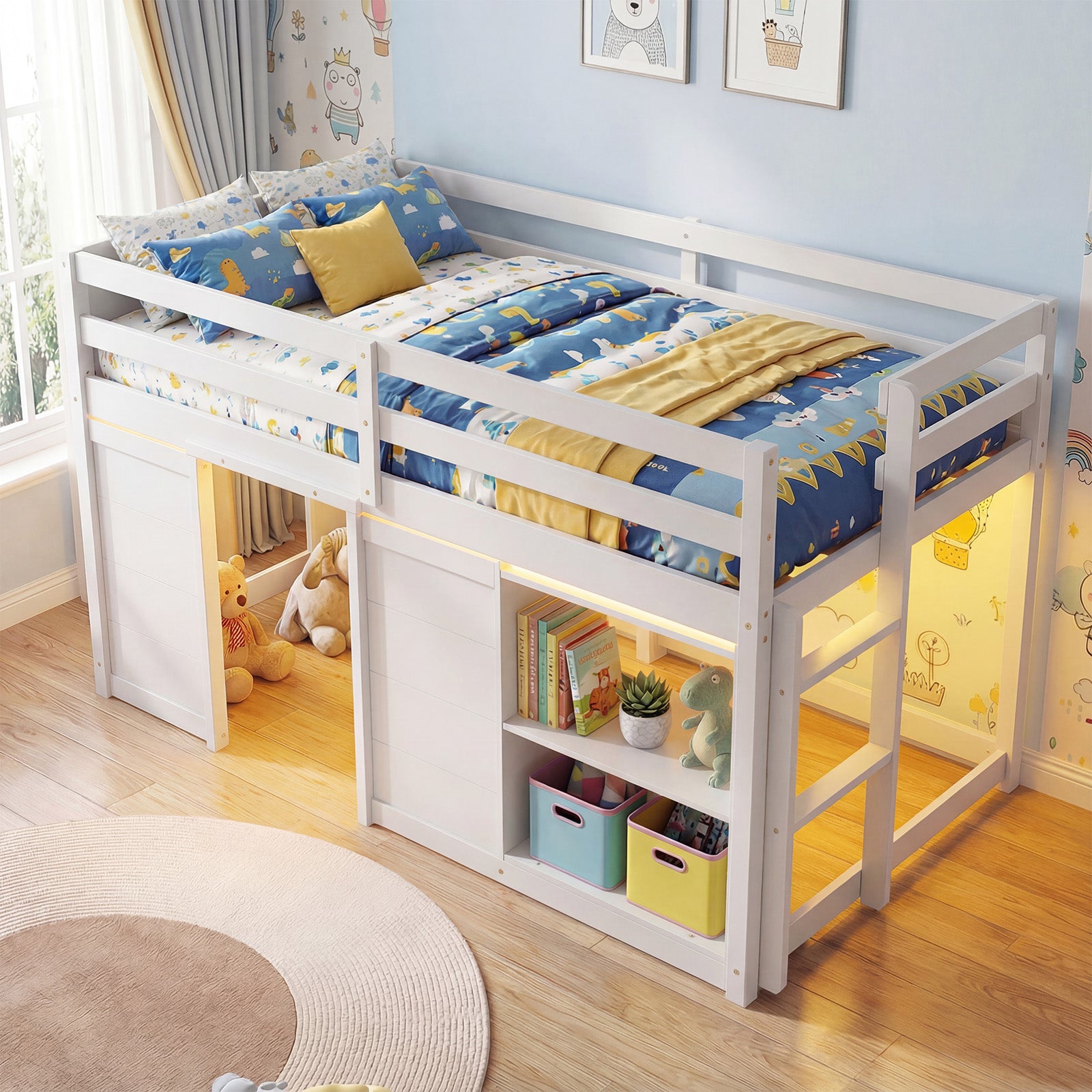Wooden Low Kids Loft Bed with LED Lights and 2 Doors, White Bunk Bed Frame at Gallery Canada