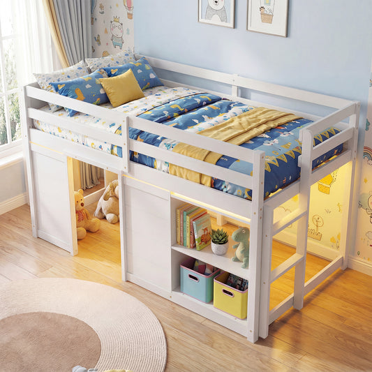 Wooden Low Kids Loft Bed with LED Lights and 2 Doors, White Bunk Bed Frame White at Gallery Canada