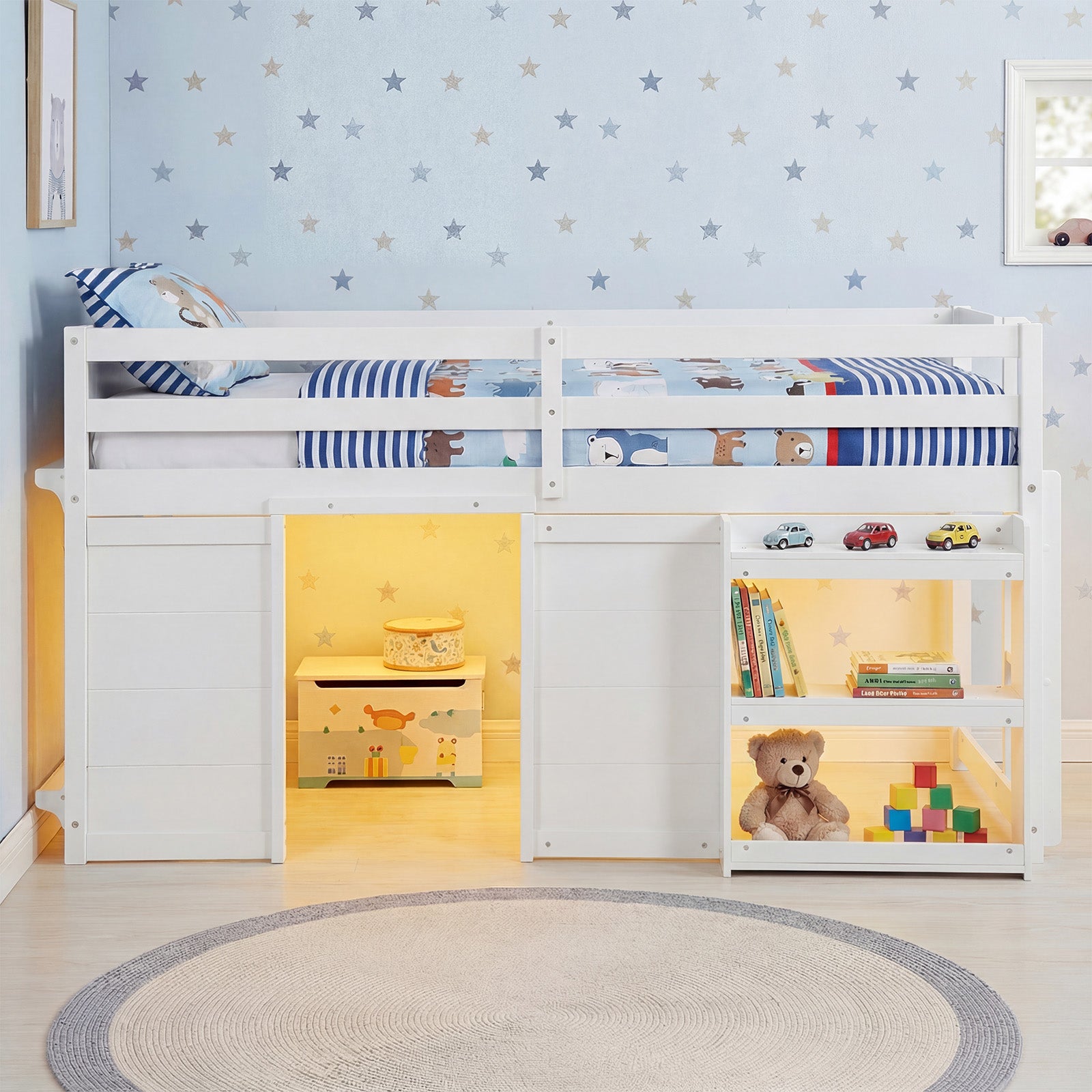 Wooden Low Kids Loft Bed with LED Lights and 2 Doors, White Bunk Bed Frame at Gallery Canada