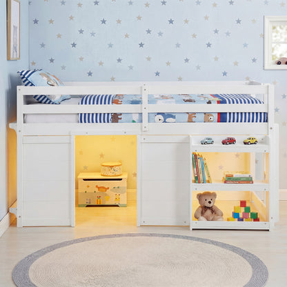 Wooden Low Kids Loft Bed with LED Lights and 2 Doors, White Bunk Bed Frame at Gallery Canada