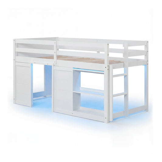Wooden Low Kids Loft Bed with LED Lights and 2 Doors, White Bunk Bed Frame White at Gallery Canada