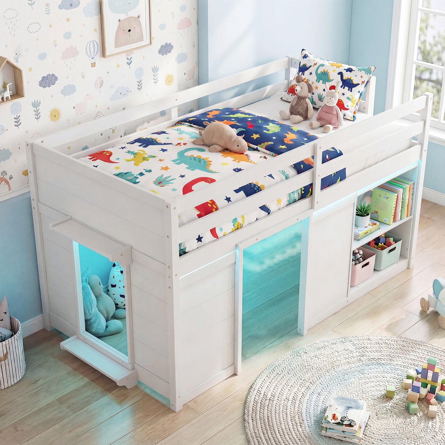 Wooden Low Kids Loft Bed with LED Lights and 2 Doors, White Bunk Bed Frame at Gallery Canada