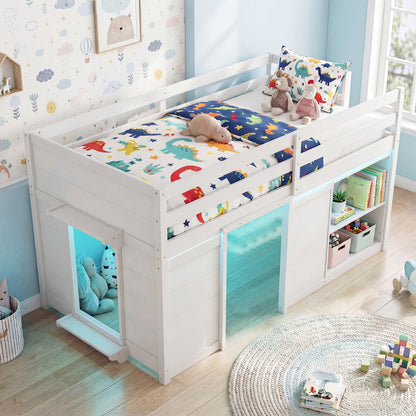 Wooden Low Kids Loft Bed with LED Lights and 2 Doors, White Bunk Bed Frame at Gallery Canada