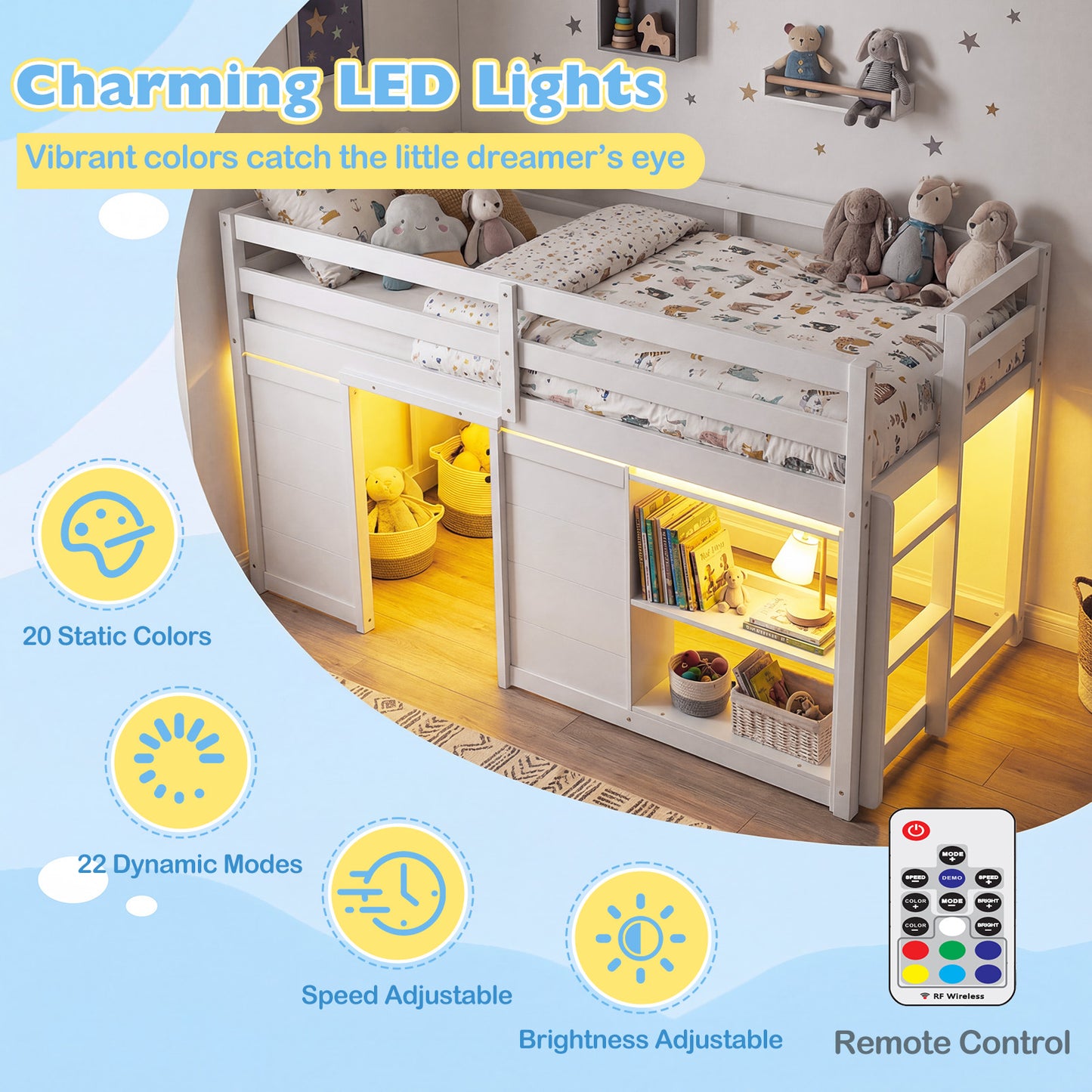 Wooden Low Kids Loft Bed with LED Lights and 2 Doors, White Bunk Bed Frame at Gallery Canada