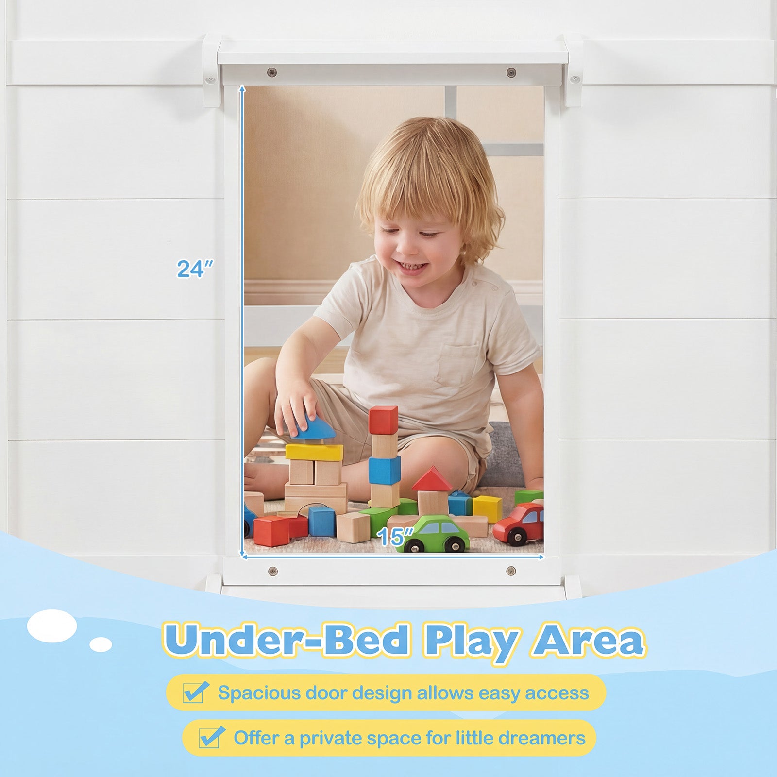 Wooden Low Kids Loft Bed with LED Lights and 2 Doors, White Bunk Bed Frame at Gallery Canada