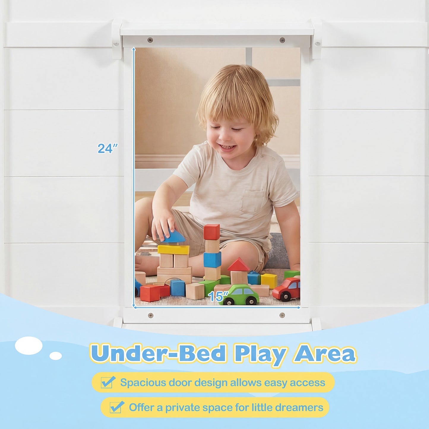 Wooden Low Kids Loft Bed with LED Lights and 2 Doors, White Bunk Bed Frame at Gallery Canada