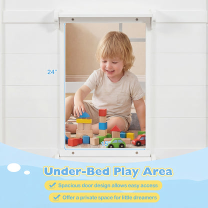 Wooden Low Kids Loft Bed with LED Lights and 2 Doors, White Bunk Bed Frame at Gallery Canada