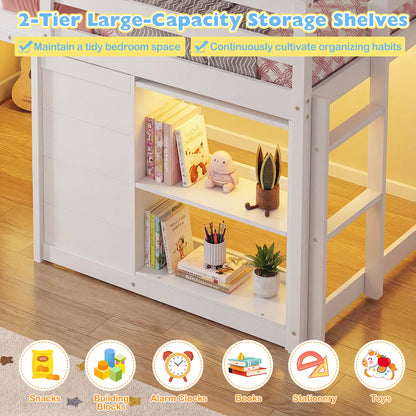 Wooden Low Kids Loft Bed with LED Lights and 2 Doors, White Bunk Bed Frame at Gallery Canada