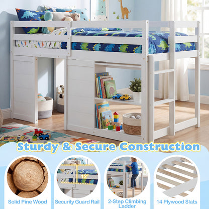 Wooden Low Kids Loft Bed with LED Lights and 2 Doors, White Bunk Bed Frame at Gallery Canada