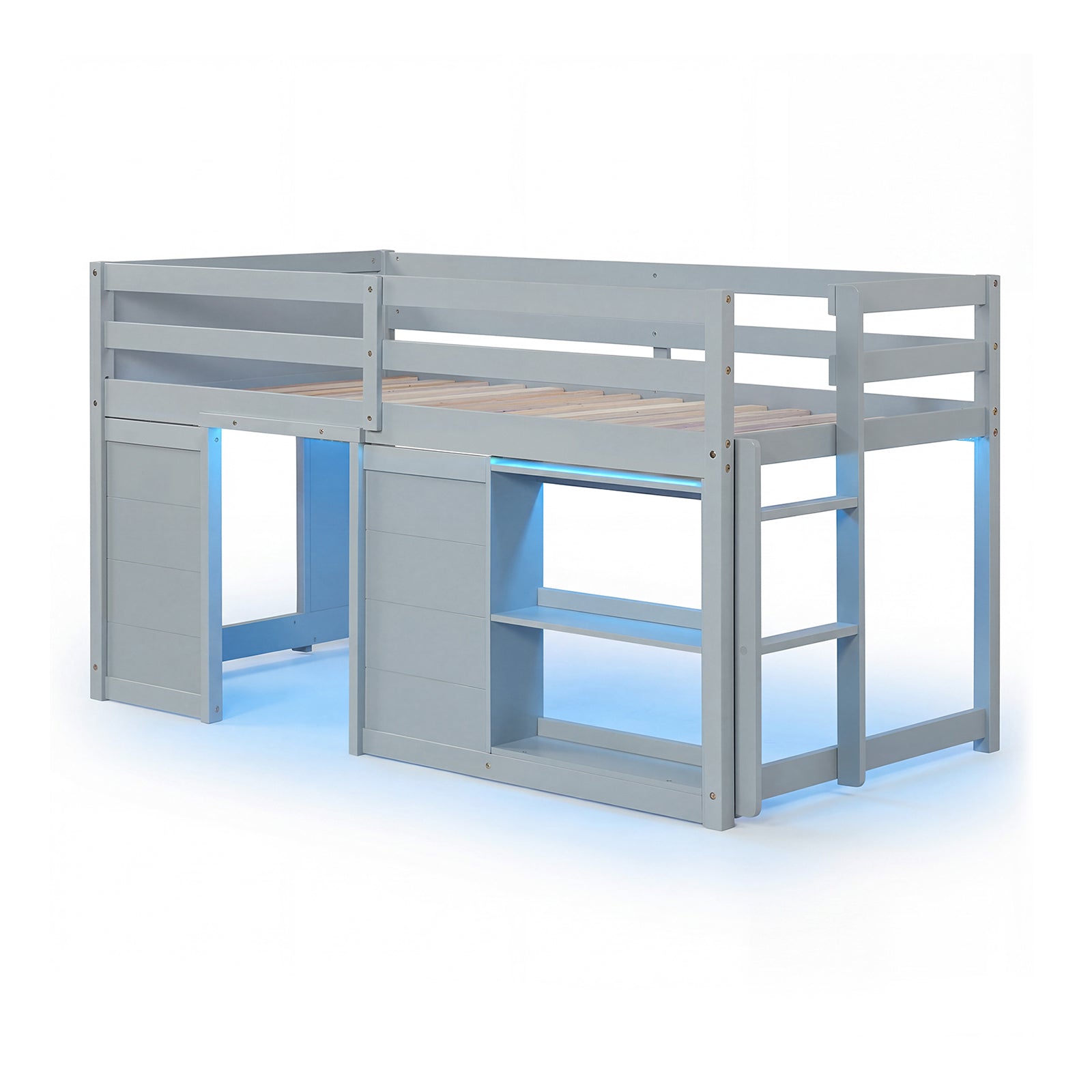 Wooden Low Kids Loft Bed with LED Lights and 2 Doors, Gray Bunk Bed Frame at Gallery Canada